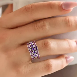 Purple Gemstone and Enameled Ring Stack Look